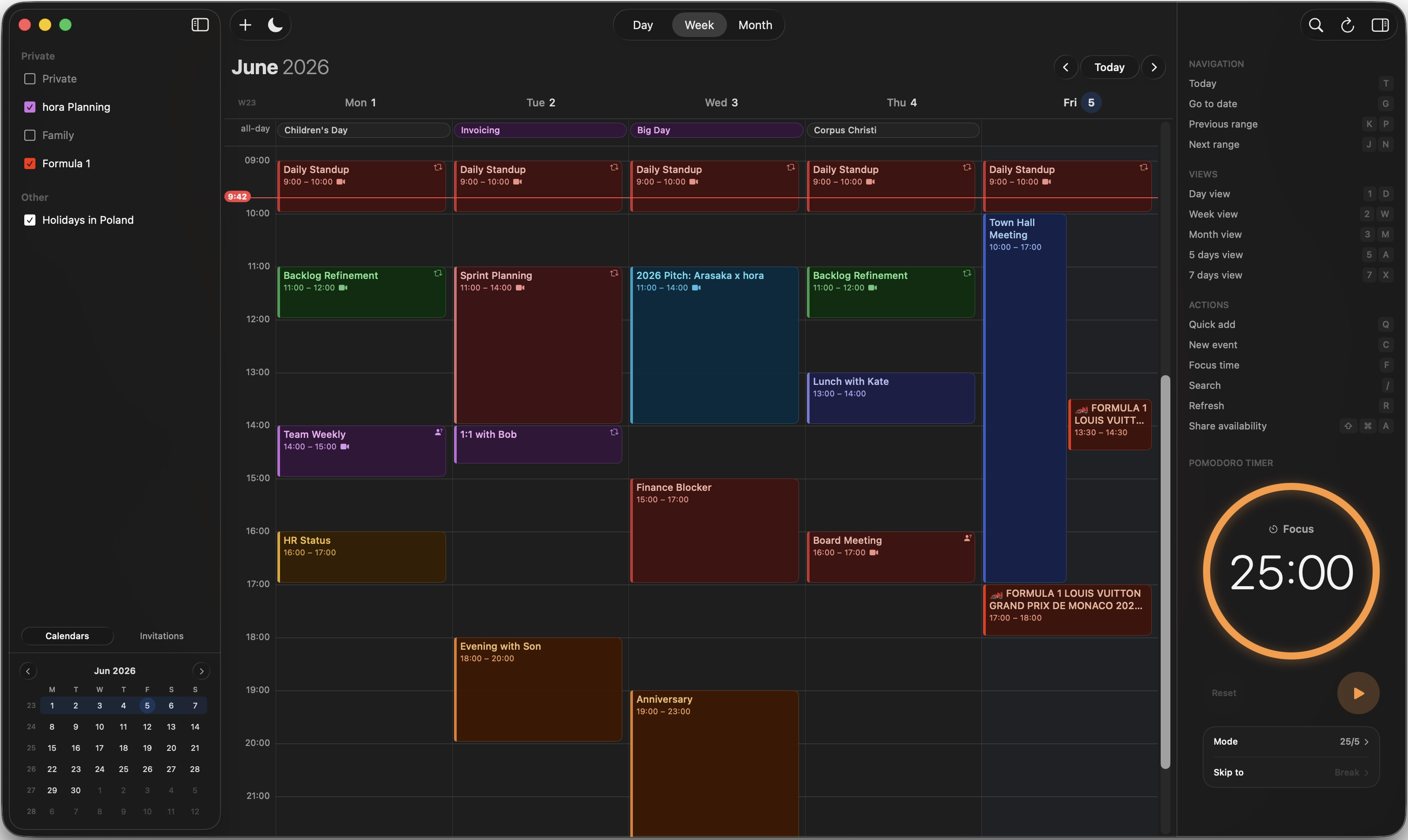 hora Calendar macOS app interface